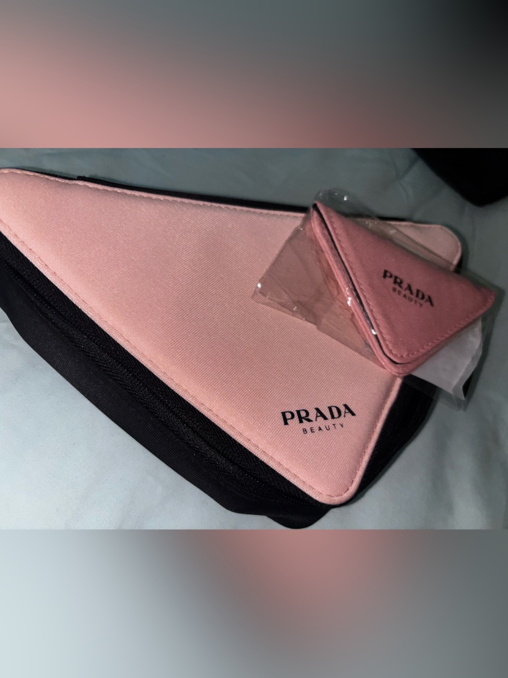 Prada Pink and Black Triangular Cosmetic Pouch plus Mirror Brand New
